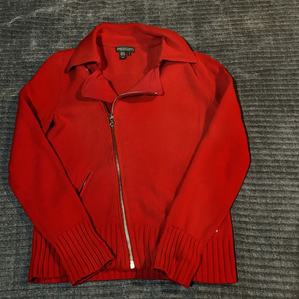 Ralph Lauren Sport Sweater Women's Medium Full Zip Cable Knit  Cardigan Red